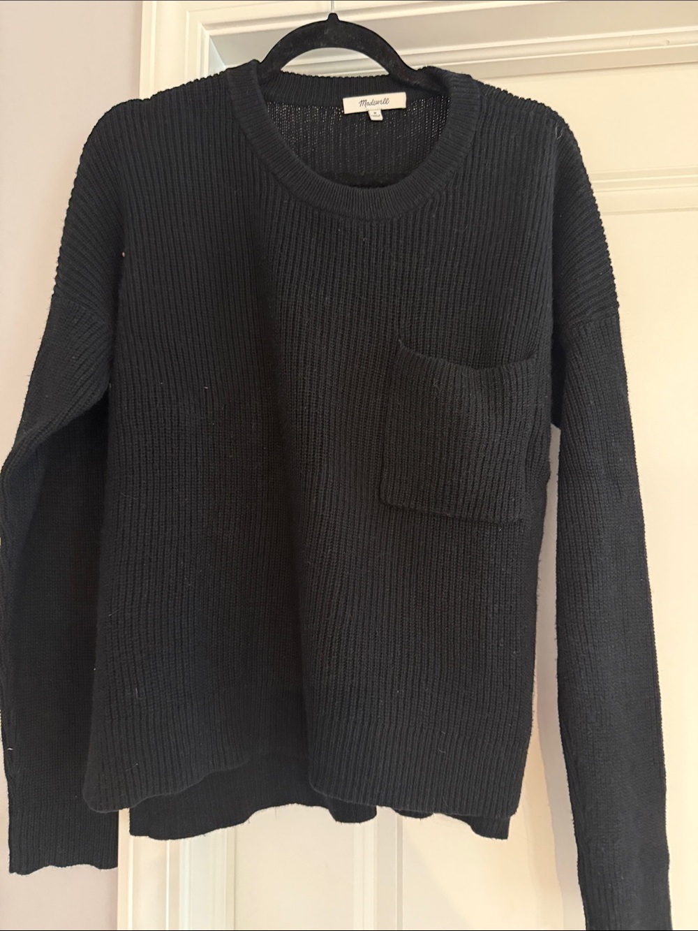 Madewell Women’s Black Ribbed Crewneck with Chest Pocket